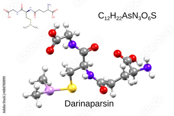 Fototapeta Chemical formula, structural formula and 3D ball-and-stick model of darinaparsin