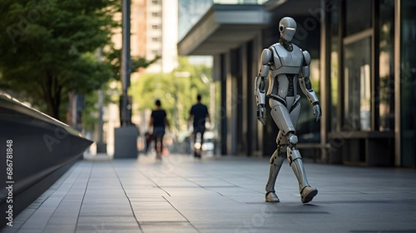 Obraz Autonomous humanoid robot walking on a city street. Future of AI concept.
