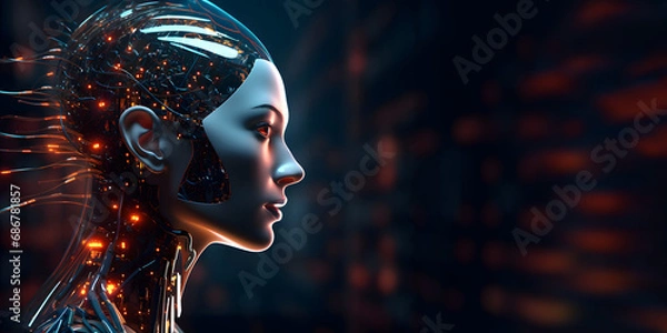 Obraz Side view of futuristic female robot head with wires attached to her brain glowing with warm light. Future of artificial intelligence concept. Blurred data center as dark background. Copy space.