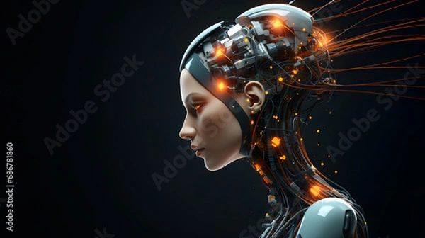 Obraz Side view of futuristic female humanoid robot head with wires attached to her brain and glowing lights. Future of artificial intelligence concept. Dark background with copy space.	