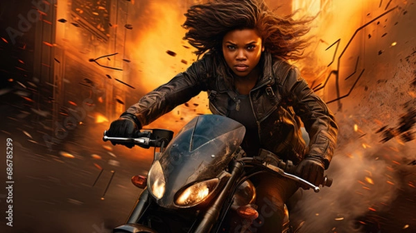 Fototapeta Action shot with black woman on the bike riding away from fire and explosion. Dynamic scene in action movie blockbuster style