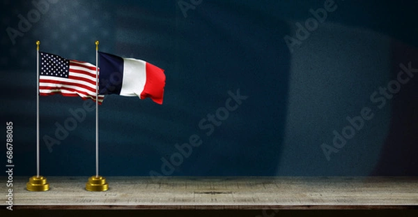 Fototapeta france and USA or america flag wave on dark background. digital illustration for national activity or social media content.