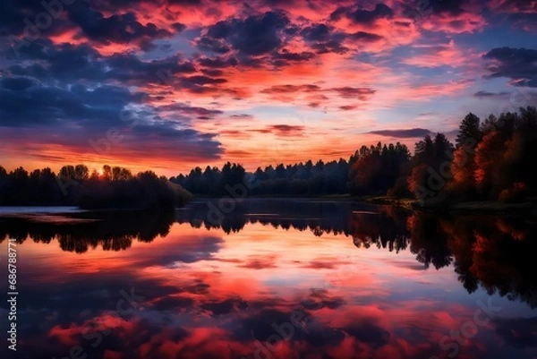 Fototapeta Twilight over a calm river, with the water reflecting the colors of a vibrant sunset sky.