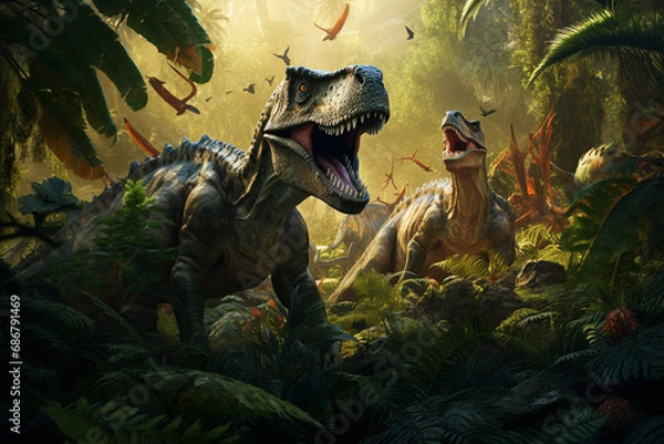 Fototapeta Step into the past with this imaginative illustration depicting dinosaurs thriving in a lush prehistoric Jurassic jungle. Ai generated