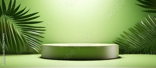 Fototapeta Green abstract background with palm leaf shadow for cosmetic product presentation Geometric backdrop scene Podium for promoting eco beauty products Banner Copy space image Place for adding text
