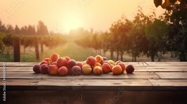 Fototapeta Wooden desk table with ripe peaches and orchard in the background. AI Generated