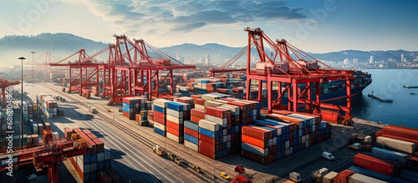 Fototapeta Tło, logistyka, wysyłka, transport, ładunek, handel, transport, eksport, import, handel. Najbardziej globalne operacje wysyłkowe wysyłają pojemnik na ładunek łodzi i dźwig na tle oceanicznym.