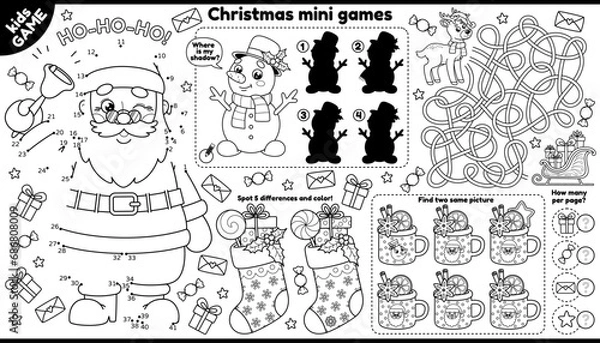 Fototapeta Vector Christmas games placement for children. Outline set with Santa, holiday snowman, New Year reindeer. Play and coloring. Kids activity mat with maze, connect the dots, find differences and other.