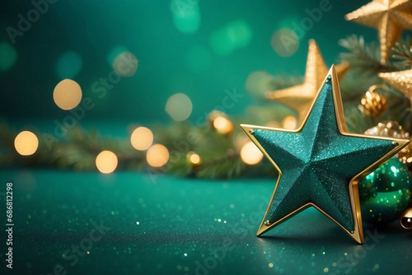 Fototapeta New Year's and Christmas Gold Green Star Background Web Banner. Teal Green and Golden Abstract Glitter Bokeh Background with Selective Focus.