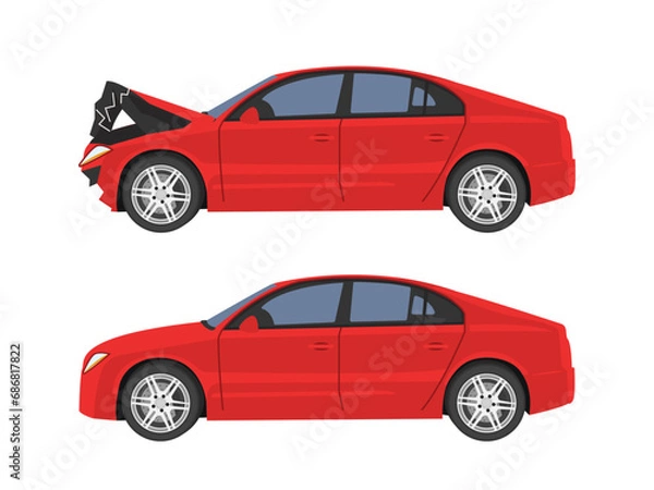 Fototapeta Red car involved in a traffic accident, before and after. A vehicle that crashed from the front.
