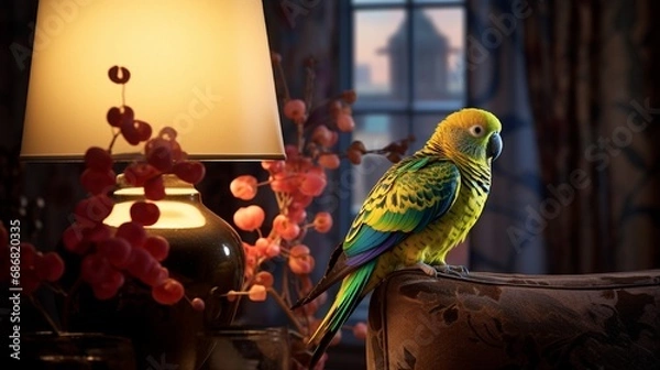 Fototapeta The silky feathers of a parakeet shimmer in the lamplight, its vibrant colors a joyful accent in a soft-focus living room setting.