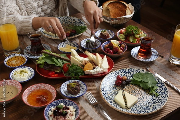 Obraz Breakfast with toast, tea and orange juice