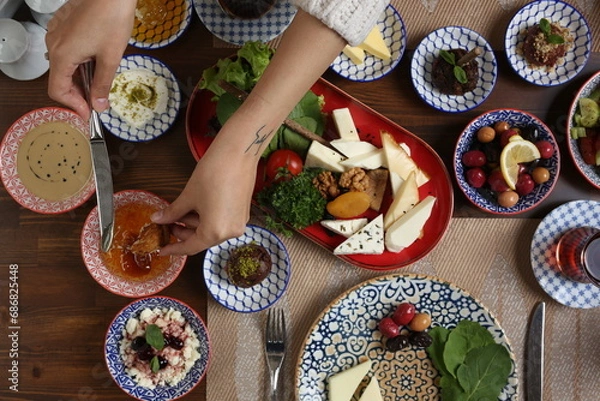 Obraz Breakfast with toast, tea and orange juice