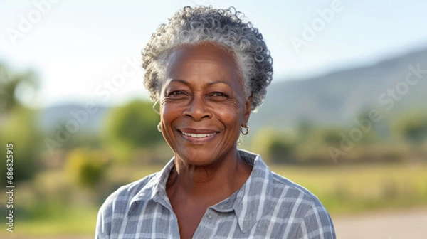 Obraz This close-up studio photo features a senior African American woman with grey hair, isolated on a white background, highlighting her elegance and character.