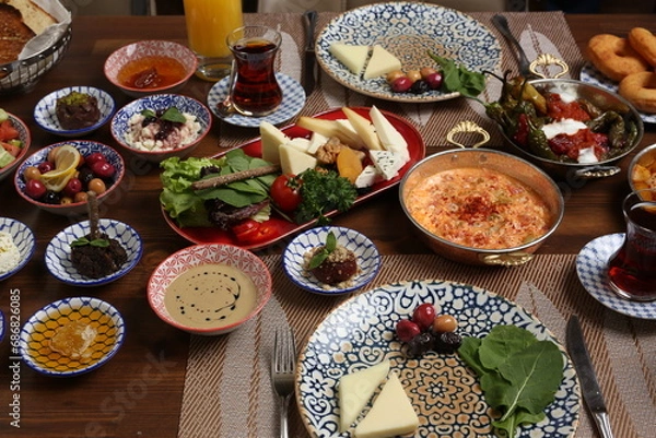 Obraz Breakfast with toast, tea and orange juice