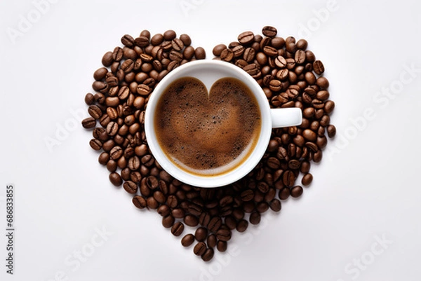 Fototapeta Concept of a top view of a cup of coffee standing on coffee beans forming a heart shape.