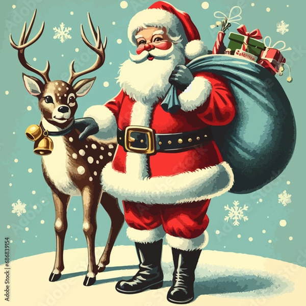 Fototapeta Vintage chirstmas card Santa claus and a deer are standing next to each other. Ai Generated