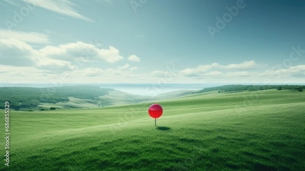 Fototapeta a vast green field with a prominent big red pin marking a location, the concept of achieving goals, realizing dreams, reaching the end, or celebrating a victory.