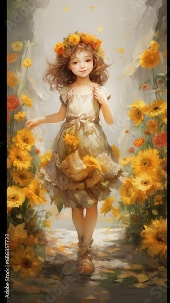 Fototapeta A painting of a little girl walking through a field of flowers