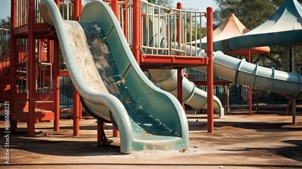 Fototapeta Old and abandoned playground slide, left in disrepair, poses a potential danger to players. A cautionary image emphasizing the need for safety measures in recreational spaces.