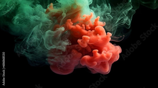 Fototapeta Contrasting Chroma: Red and Green Swirling Fumes on Abyssal Black Canvas - Vivid Shades Coalescing in Enigmatic Whirls