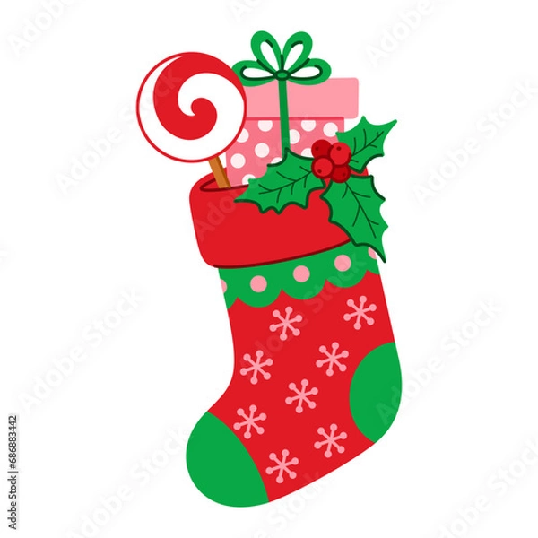 Fototapeta Christmas sock with gift, lollipop and mistletoe. New Year stocking in cartoon flat style. Isolated vector illustration on a white background. Perfect for winter holiday design.