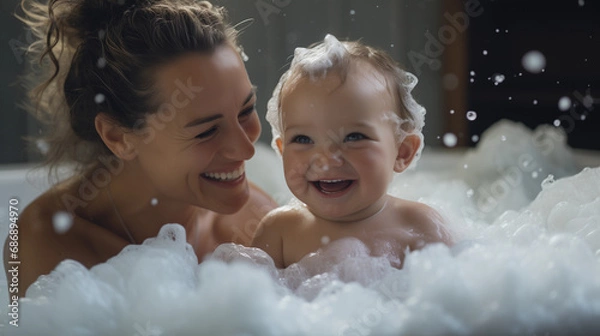 Obraz Young toddler and his mom happily smiling enjoying their first bath together with bubbles childhood and motherhood joy