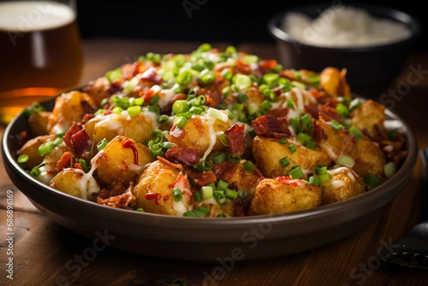 Fototapeta Loaded Tater Tots with Cheese, Bacon, and Green Onions