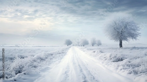 Fototapeta Generative AI : Snow-covered country road through the fields