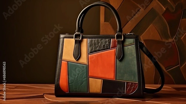 Fototapeta Generative AI : patchwork crossbody bag hand sewn from suede and leather cutout