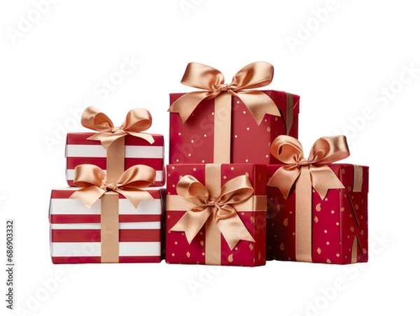 Fototapeta A Set of Red and White Gift-Wrapped Presents Adorned with Red and Gold Ribbon Bows, Isolated Against a Transparent Background