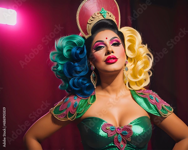 Fototapeta Mexican drag queen with a unique style dressed in vibrant colors representing the Mexican flag.