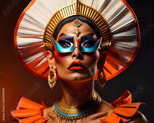 Fototapeta Portrait of a drag queen with an outfit inspired by extravagance, movement, and the colors white and orange