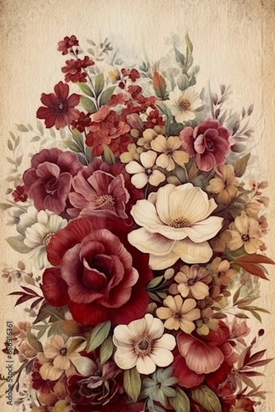 Fototapeta Realistic bouquet flower border, burgendy and beige HD paper in the style of textured mixed media, shabby junk journal paper, texture-based, spectacular backdrops, ai generative