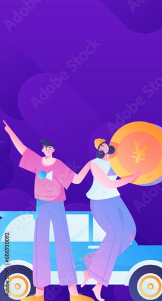 Fototapeta Vector internet operation hand-drawn illustration of people getting discounts for refueling the car
