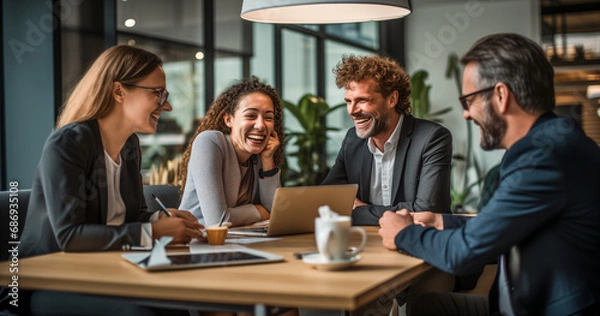 Fototapeta Group of happy colleagues together in the office, happy cooperation with clients, business cooperation, work meeting, brainstorming
