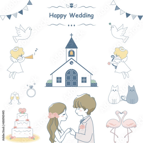 Obraz かわいい結婚式のイラスト素材セット