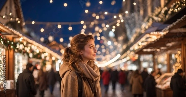 Fototapeta Under the sparkling lights of the Christmas market, a young lady takes a serene evening stroll, immersing herself in the magical atmosphere that signifies the winter holidays