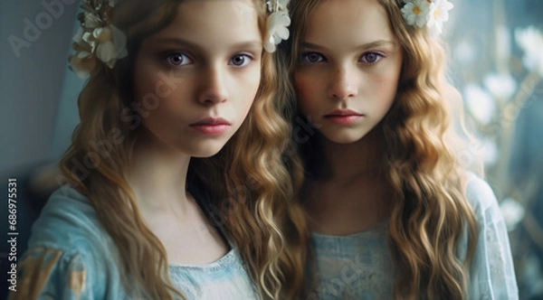 Fototapeta Studio portrait of twin sisters posing. They have flowers in their long light brown hair and are wearing identical blue dresses.