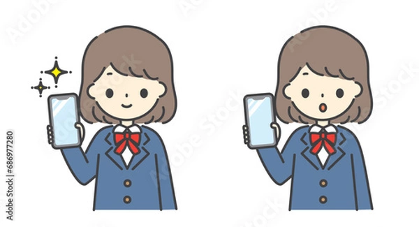 Fototapeta ピカピカのスマホを持つ女子学生の表情違いイラスト