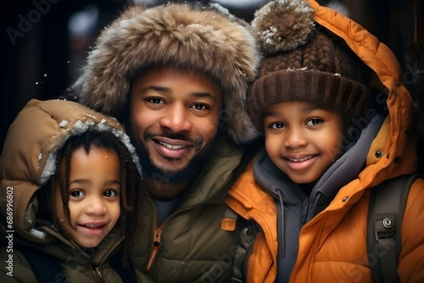 Fototapeta Happy afro american family having fun on a snowy street and smiling joyfully: family day, new year and christmas holidays. Generation Ai