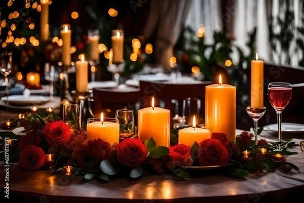 Fototapeta A candle-lit dinner table set for two with delicate floral arrangements and soft lighting.