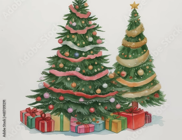 Fototapeta キラキラしたクリスマスツリーの水彩風イラスト Generative AI