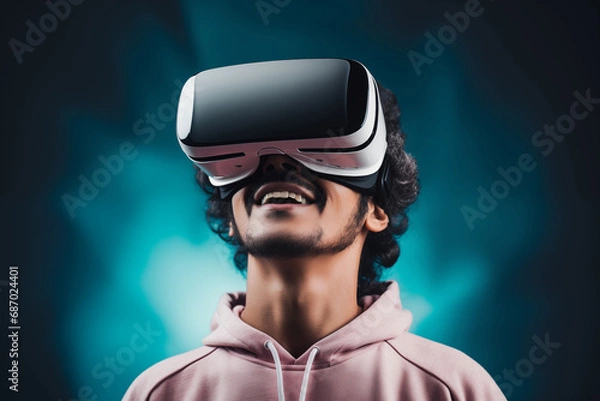 Fototapeta Young man using virtual reality headset. VR, future, gadgets, technology concept