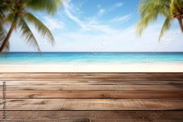 Fototapeta Empty wooden table with tropical beach theme in background. Generative AI