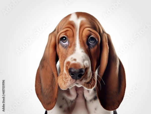 Fototapeta Close-up portrait of a purebred Basset Hound puppy. Isolated on a white background.