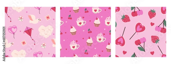 Obraz A set of seamless patterns with Valentine s Day items. Vector graphics.