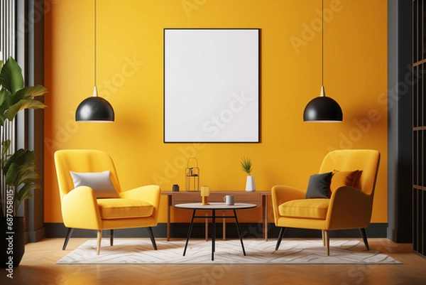 Fototapeta a room with yellow chairs and a table