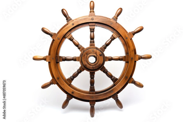 Fototapeta Wooden helm wheel isolated on white background.generative ai