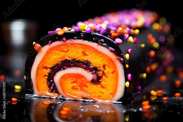Fototapeta Close-Up of a Jelly Roll Slice Adorned with Spooky Sprinkles, a Sweet Treat for the Season Halloween Delight